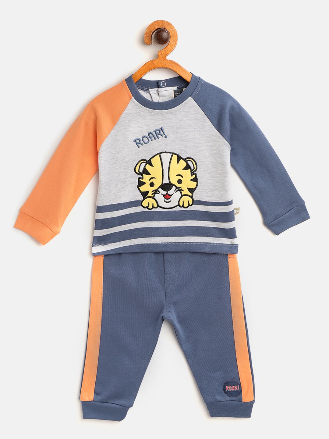 Moms Love Infant Boys Grey Melange & Blue Striped Pure Cotton T-shirt with Joggers