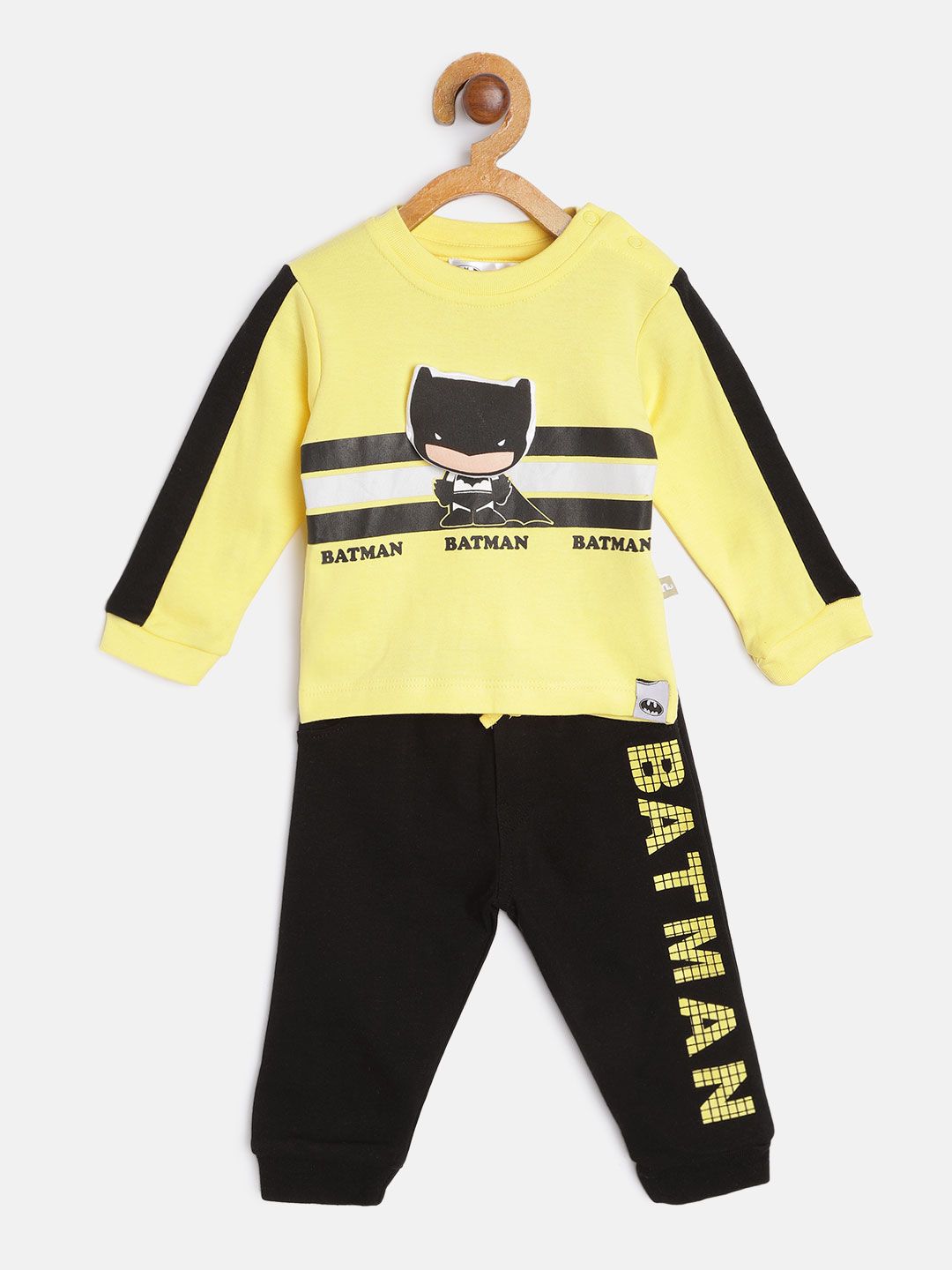 Moms Love Infant Boys Yellow & Black Pure Cotton Batman Printed T-shirt with Joggers