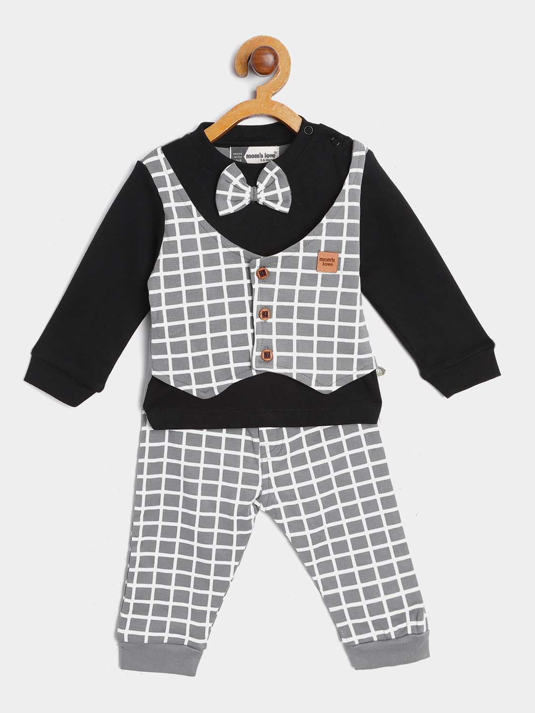Moms Love Infant Boys Black & Grey Cotton Checked T-shirt with Pyjamas