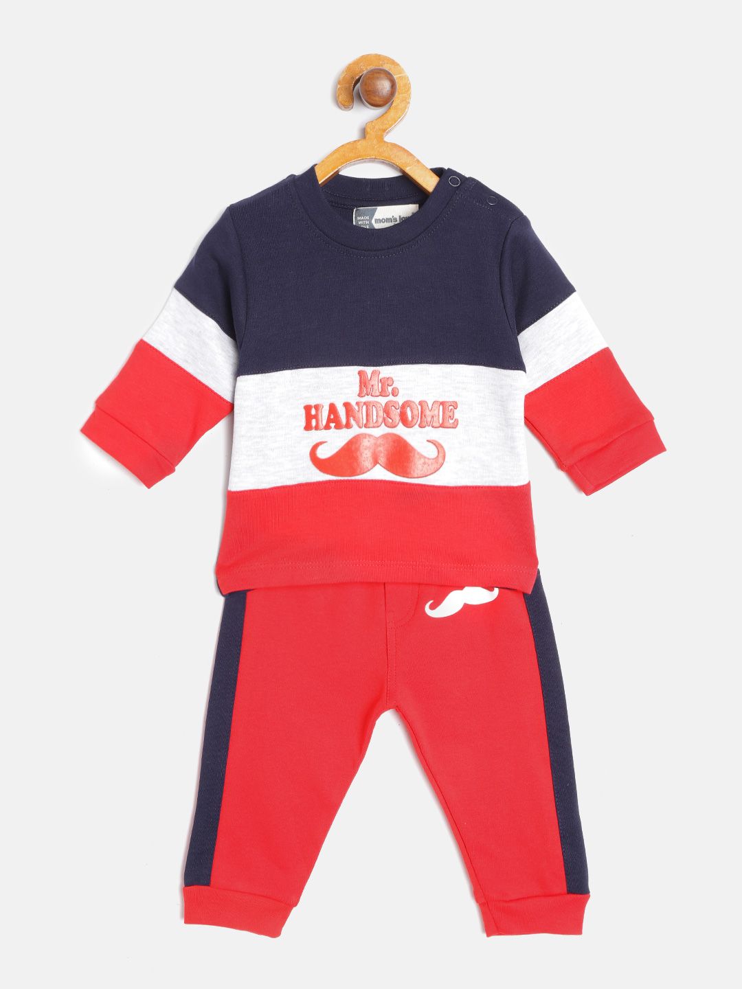 Moms Love Infant Boys Red & Navy Cotton Colourblocked & Printed T-shirt with Joggers