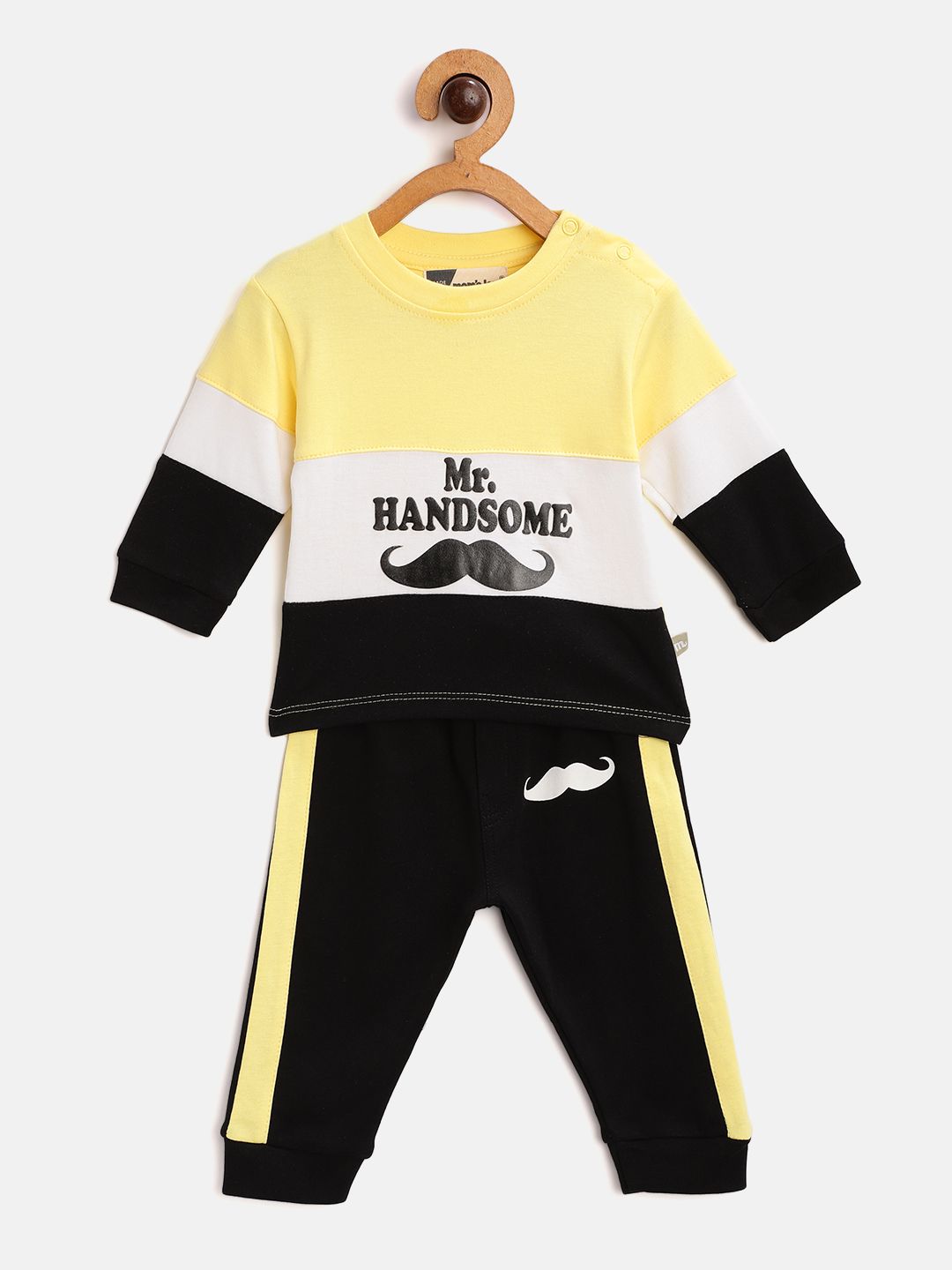 Moms Love Infant Boys Black & Yellow Cotton Colourblocked & Printed T-shirt with Joggers