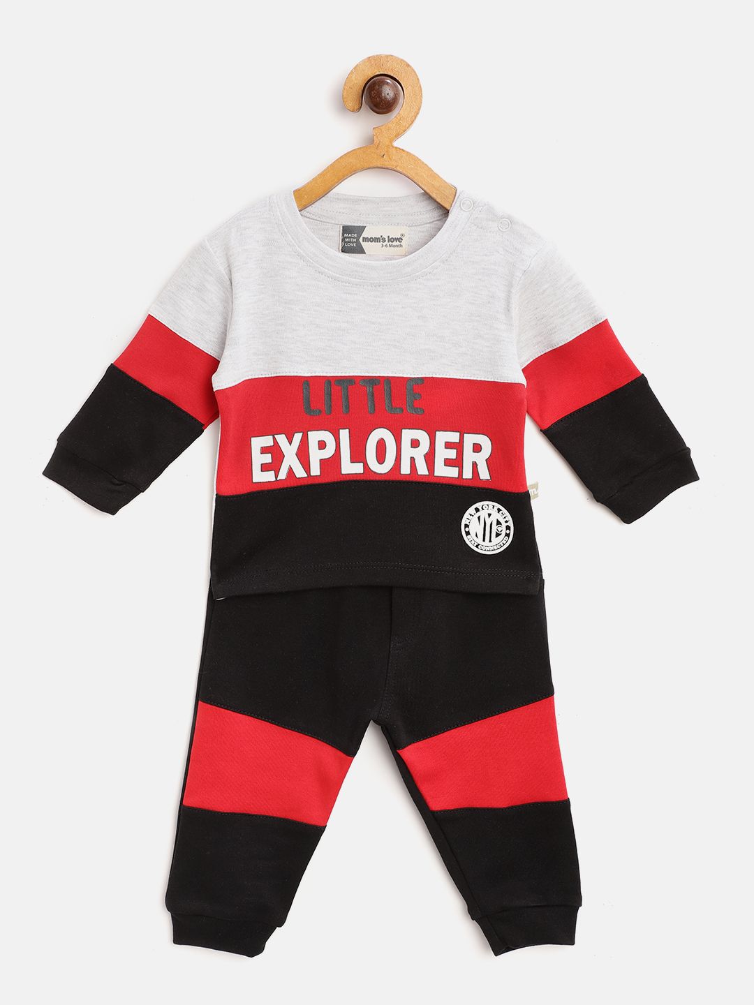 Moms Love Infant Boys Black & Red Cotton Colourblocked & Printed T-shirt with Joggers