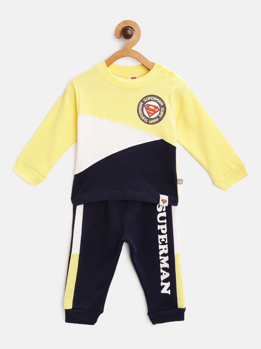 Moms Love Infant Boys Yellow & Navy Pure Cotton Colourblocked T-shirt with Joggers