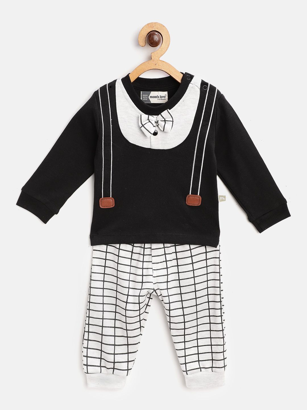 Moms Love Infant Boys Black & Grey Melange Cotton Colourblock T-shirt with Checked Joggers