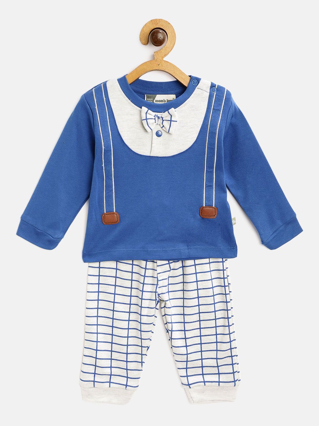 Moms Love Infant Boys Blue & Grey Melange Cotton Colourblock T-shirt with Checked Joggers