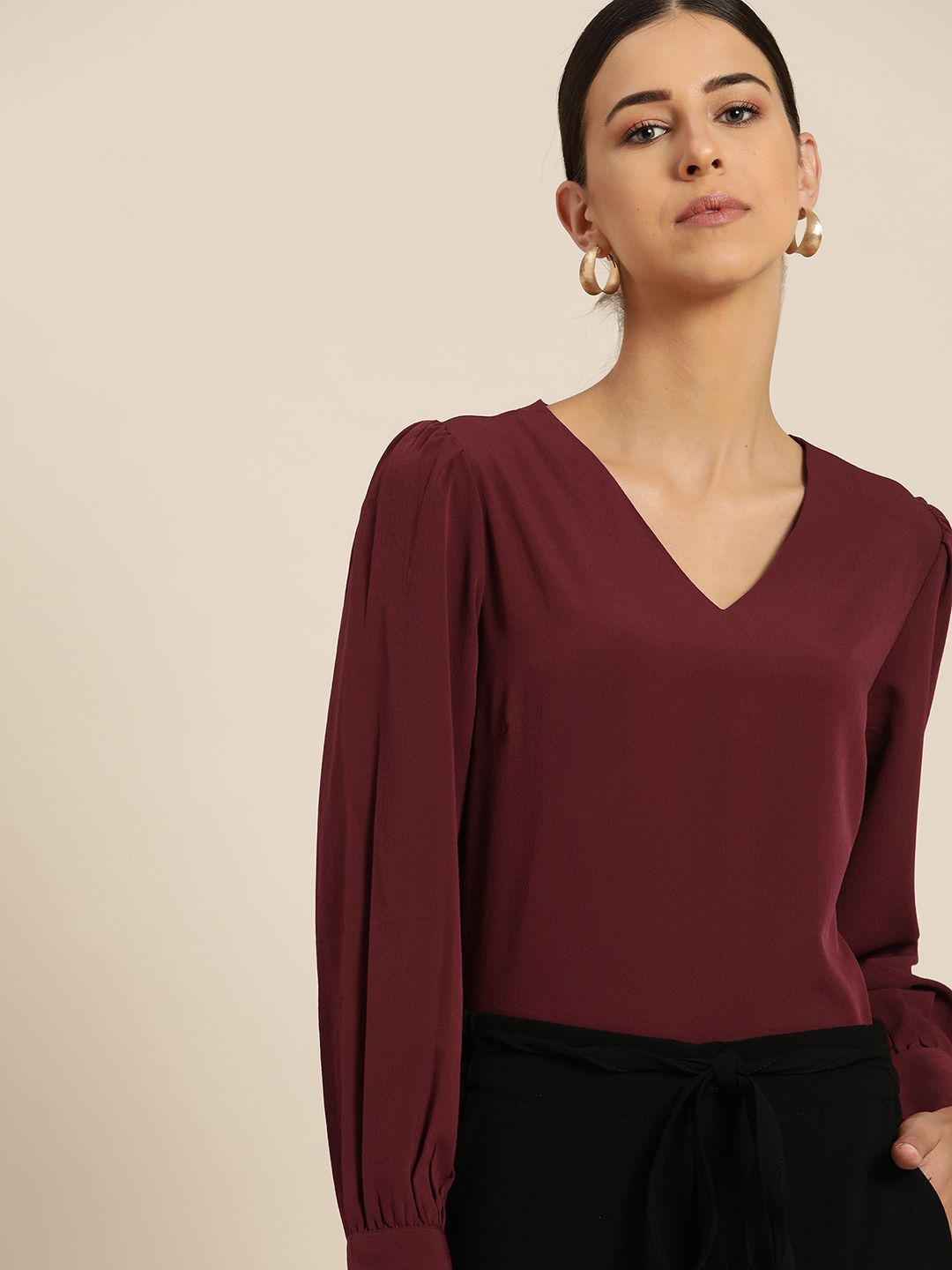 her by invictus Burgundy Cuffed Sleeves Top Price in India