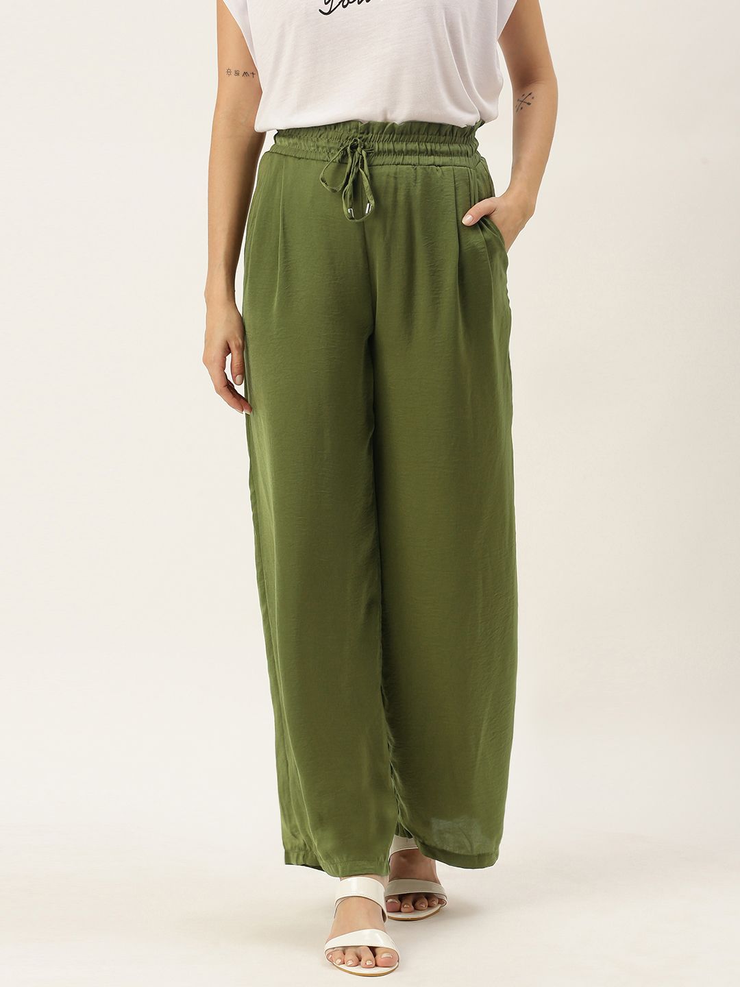 Koton Women Olive Green Solid Parallel Trousers Price in India