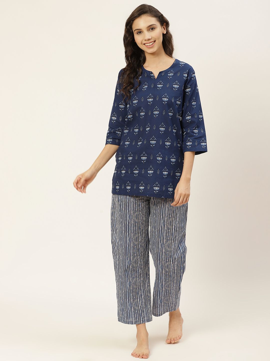 MBeautiful Women Navy Blue & White Organic Cotton Printed Night suit Price in India