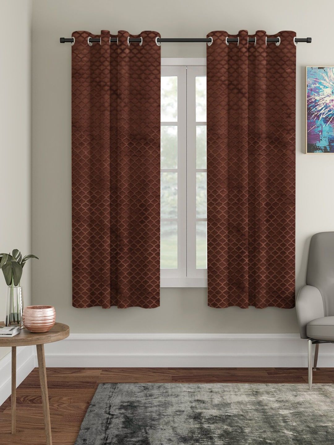 HOSTA HOMES Brown Set of 2 Geometric Window Curtains Price in India