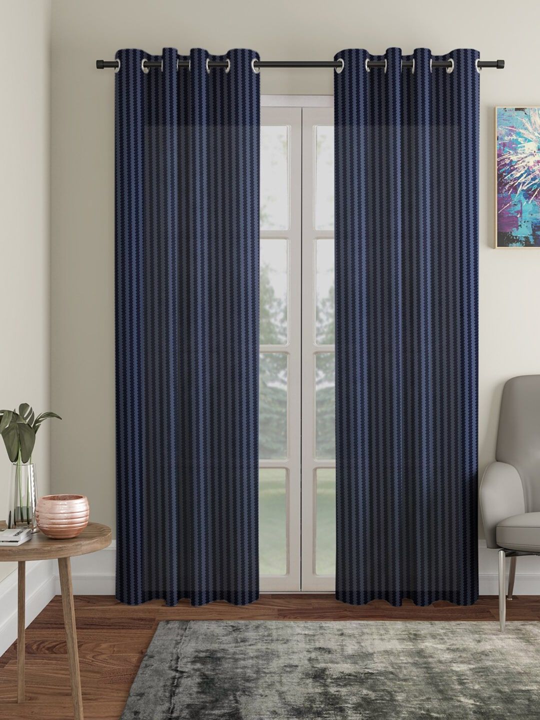 HOSTA HOMES Blue Set of 2 Striped Door Curtain Price in India