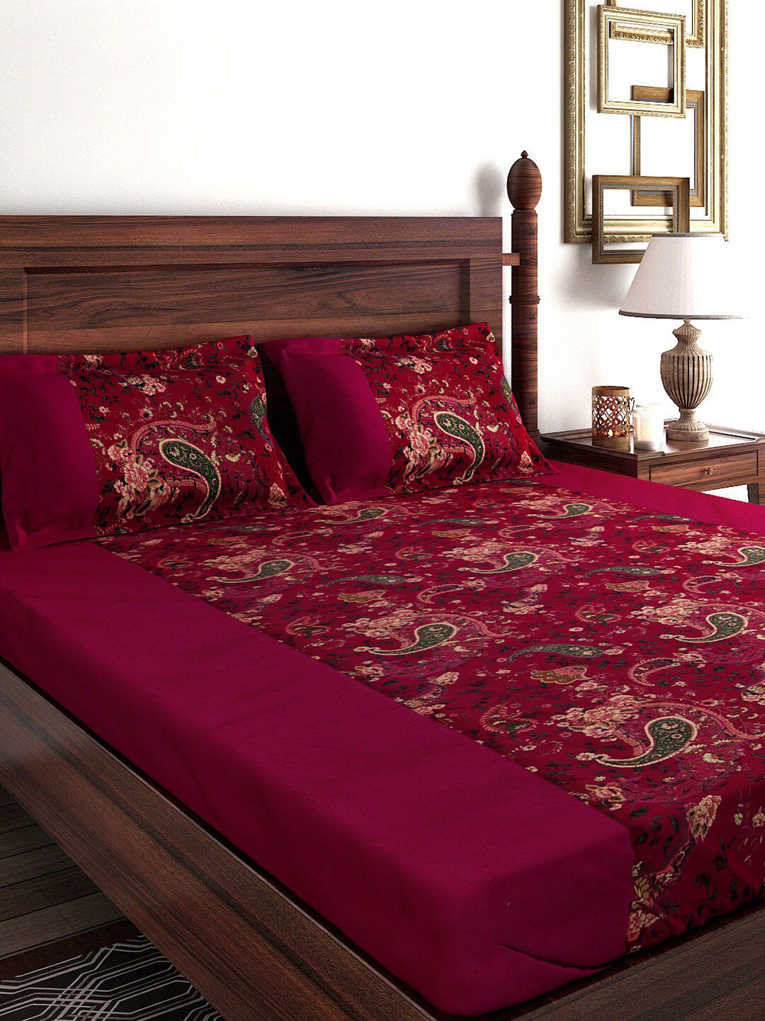 SWAYAM Burgundy 240 TC Fine Cotton Double (Fitted) Bedsheet with 2 Pillow Covers Price in India