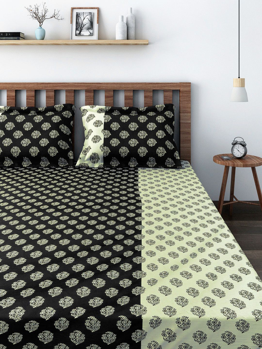 SWAYAM Black & Off-White 180 TC Fine Cotton Double Fitted Bedsheet with 2 Pillow Covers Price in India