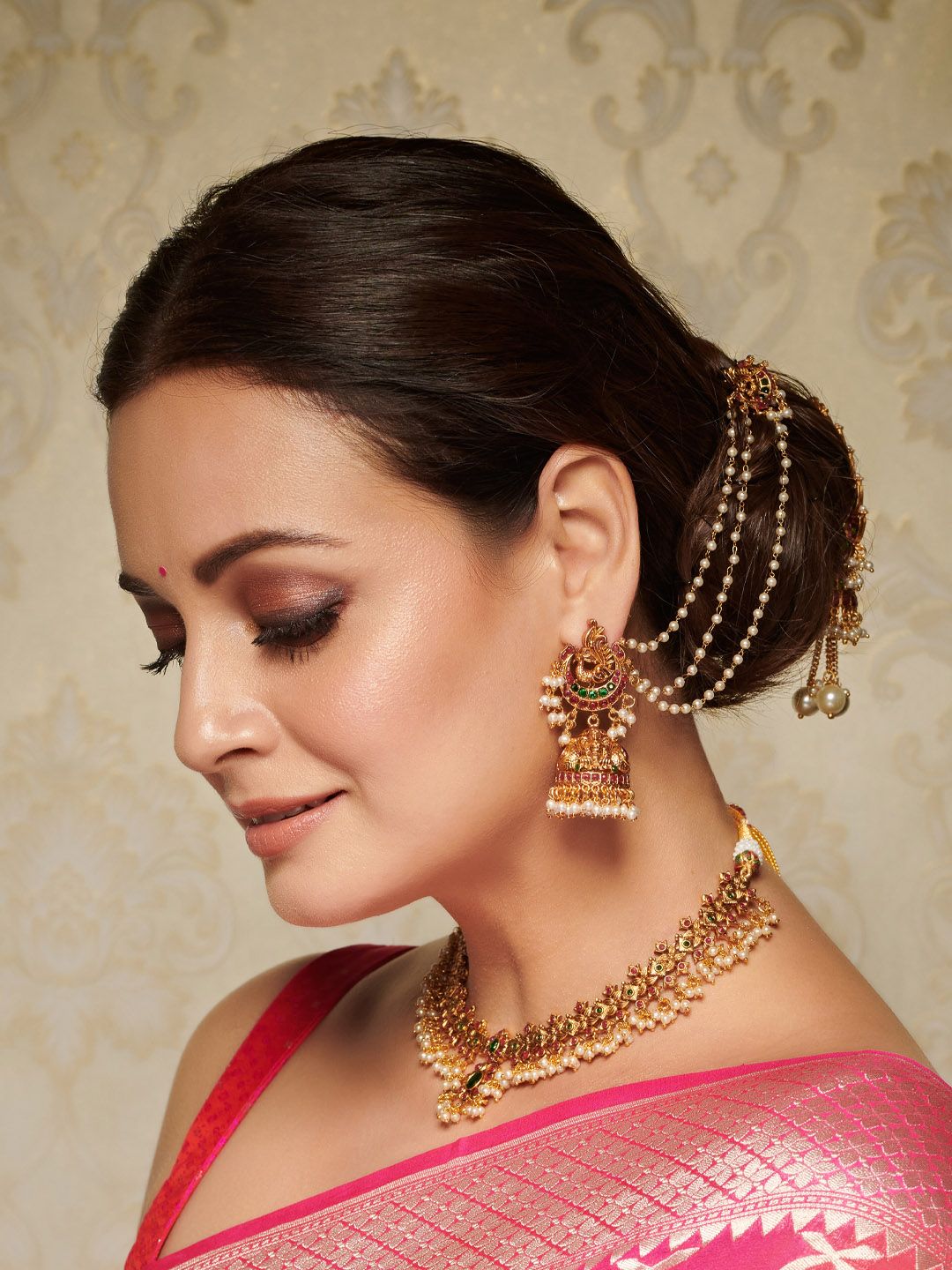 Priyaasi Gold Plated White Stones Beaded Peacock Chained Jhumkas Earrings Price in India