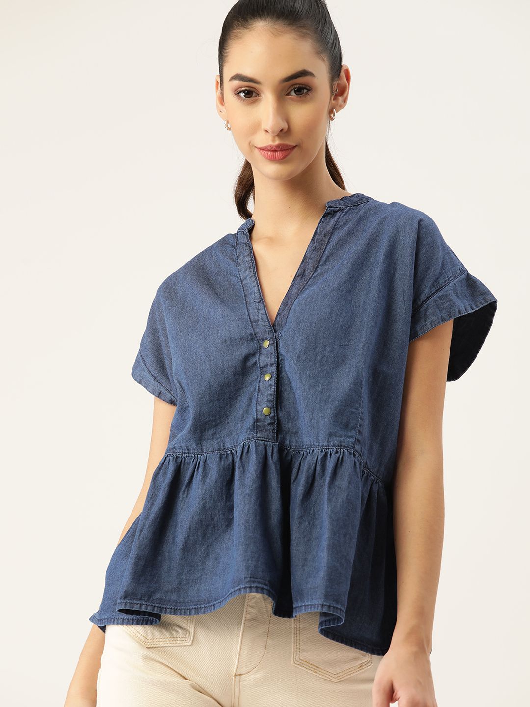 DressBerry Women Navy Blue Pure Cotton Indigo Chambray Top