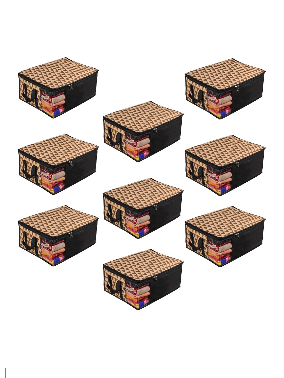 prettykrafts Set Of 9 Beige & Black Geometric Saree Organizers With Transparent Window Price in India