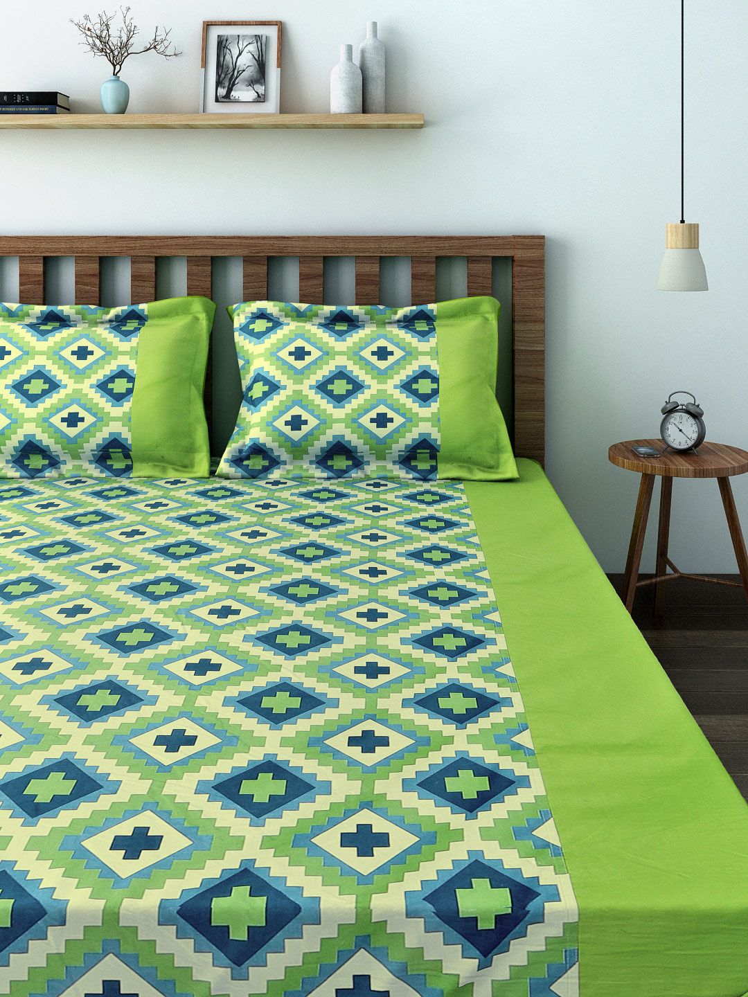 SWAYAM Green Printed 144 TC Cotton Double Bedsheet with 2 Pillow Covers Price in India