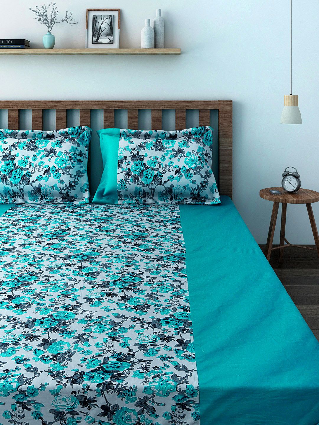 SWAYAM Teal Blue 210 TC Fine Cotton Double Fitted Bedsheet with 2 Pillow Covers Price in India