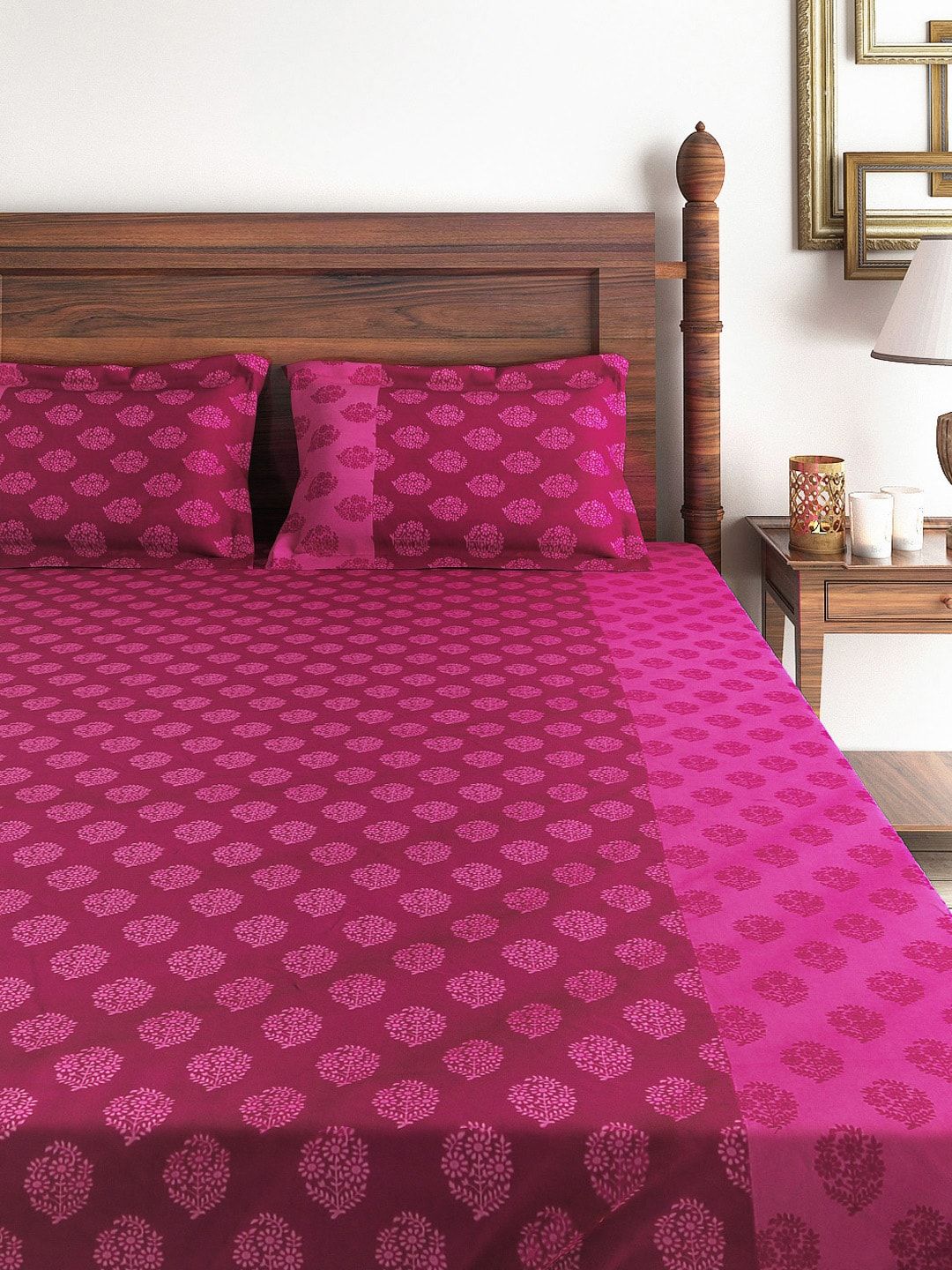 SWAYAM Pink Printed 144 TC Cotton King Bedsheet with 2 Pillow Covers Price in India