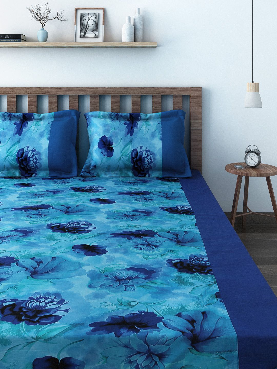 SWAYAM Blue 180 TC Fine Cotton King Bedsheet with 2 Pillow Covers Price in India