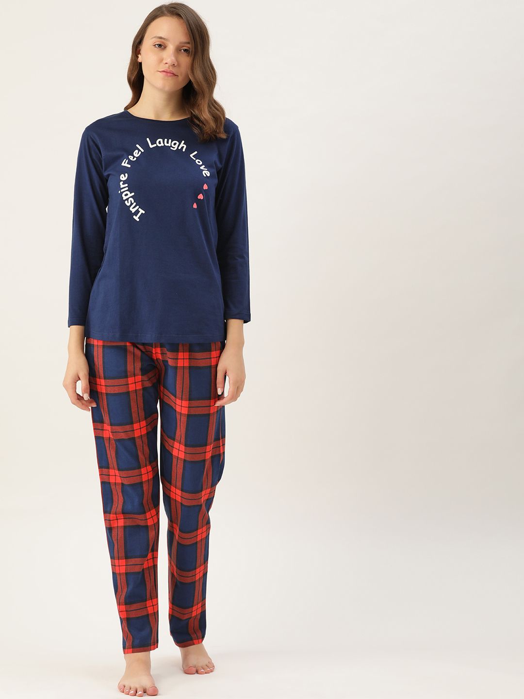 MBeautiful Women Navy Blue & Red Printed Pure Cotton Pyjama Set Price in India