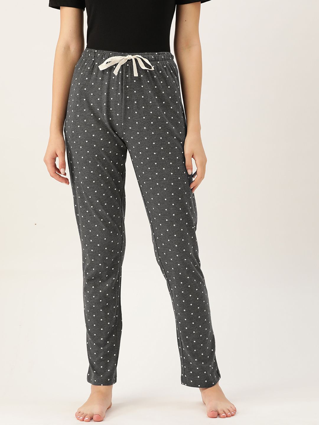 MBeautiful Women Charcoal Grey & White Star Print Cotton Lounge Pants Price in India