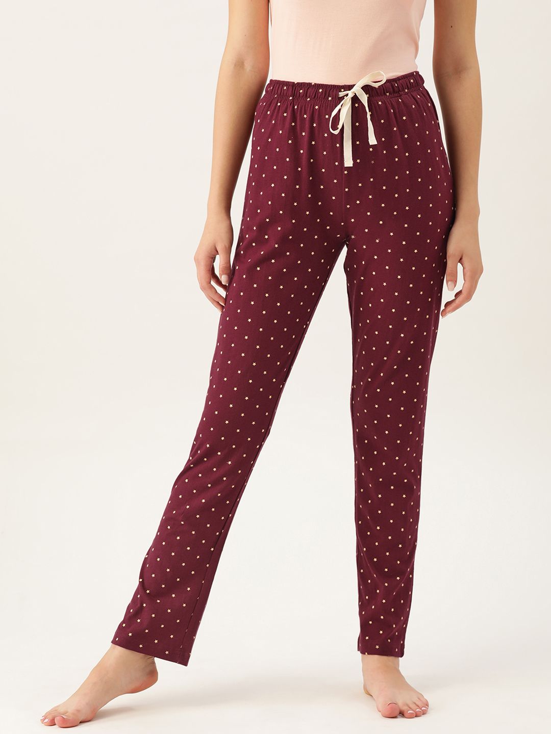 MBeautiful Women Burgundy & Beige Printed Cotton Lounge Pants Price in India