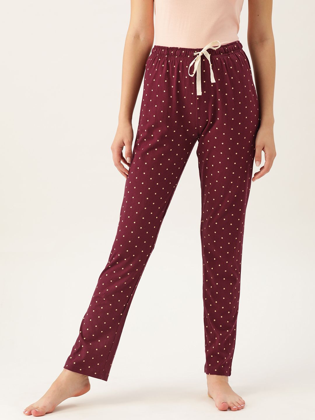 MBeautiful Women Burgundy & Beige Star Print Cotton Lounge Pants Price in India