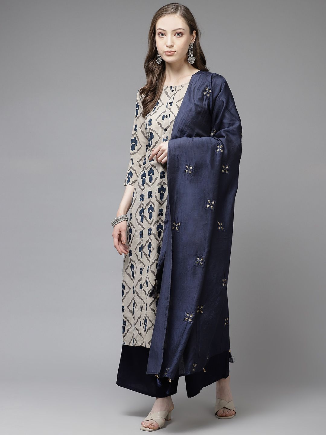 Yufta Women Beige & Navy Blue Printed Pure Cotton Kurta with Palazzos & Dupatta Price in India