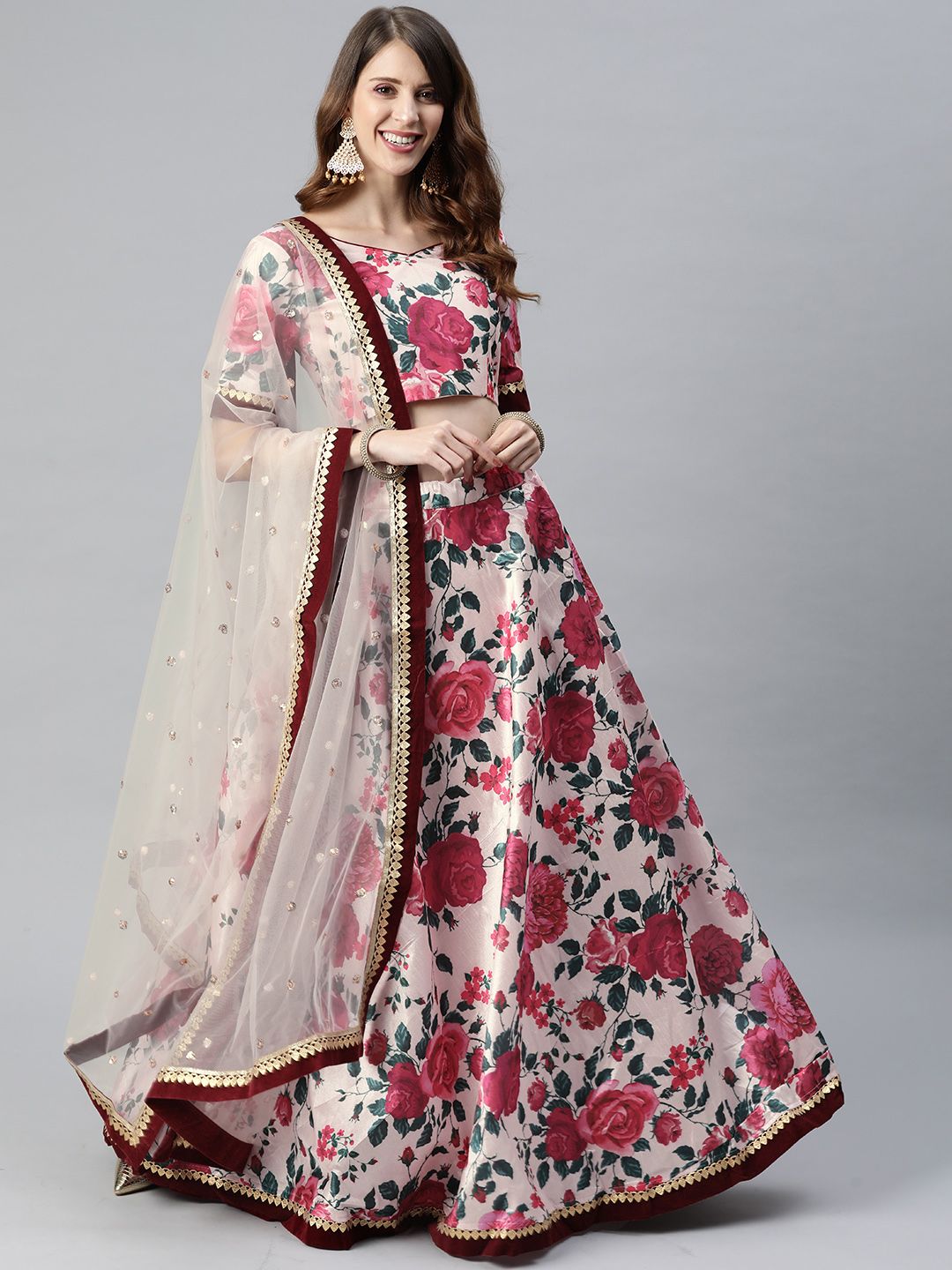 SHUBHKALA Pink & Red Printed Semi-Stitched Lehenga & Unstitched Blouse With Dupatta Price in India