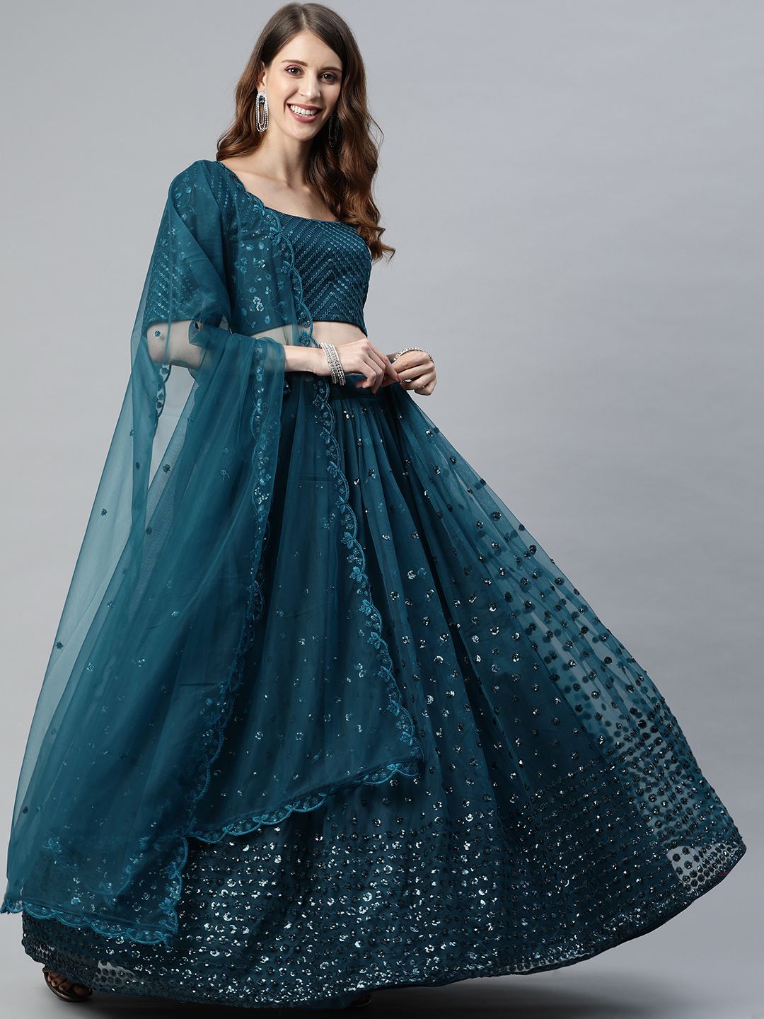 SHUBHKALA Teal Green Embroidered Sequinned Semi-Stitched Lehenga & Blouse With Dupatta Price in India