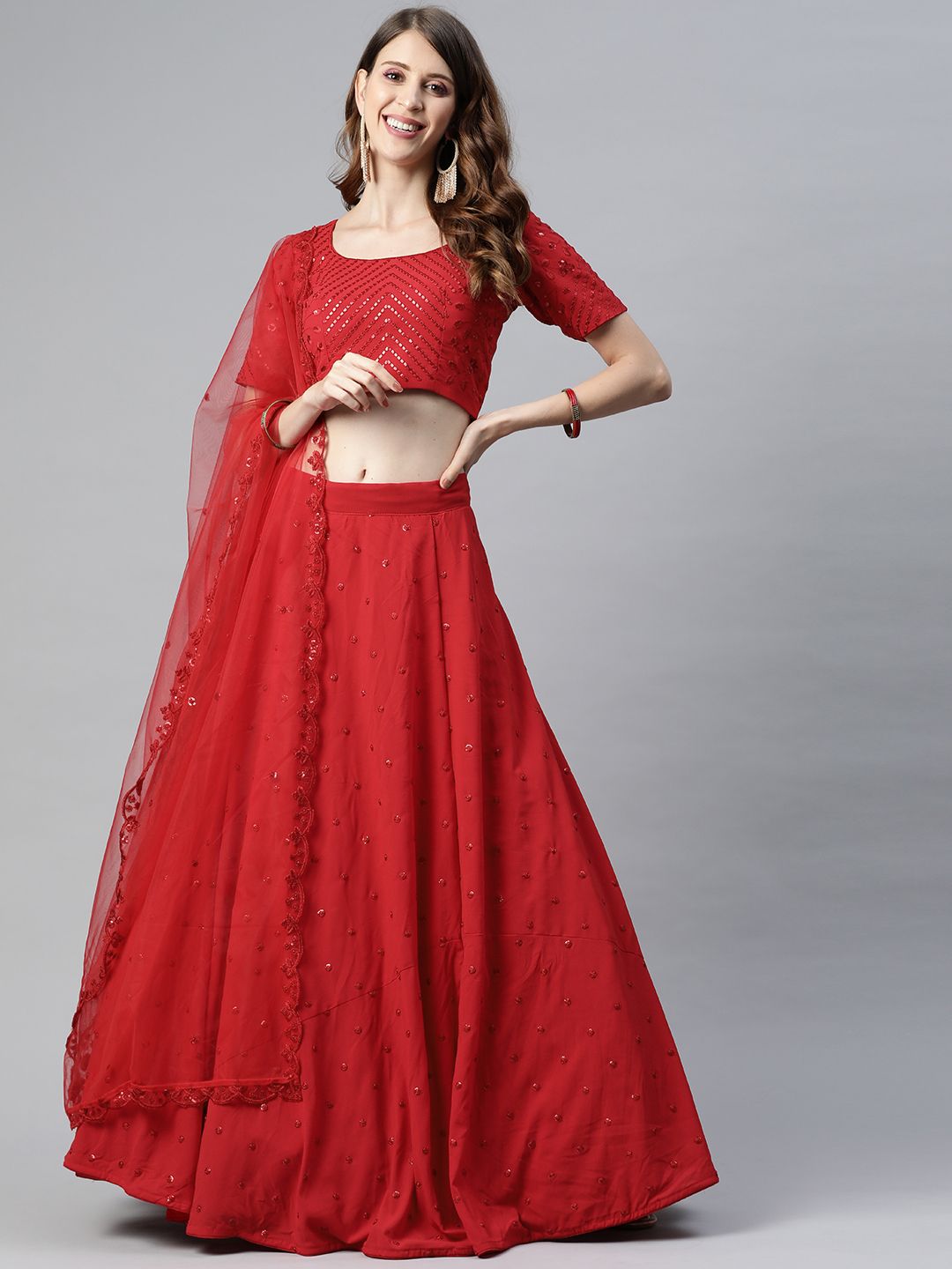 SHUBHKALA Red Embroidered Sequinned Semi-Stitched Lehenga & Unstitched Blouse With Dupatta Price in India