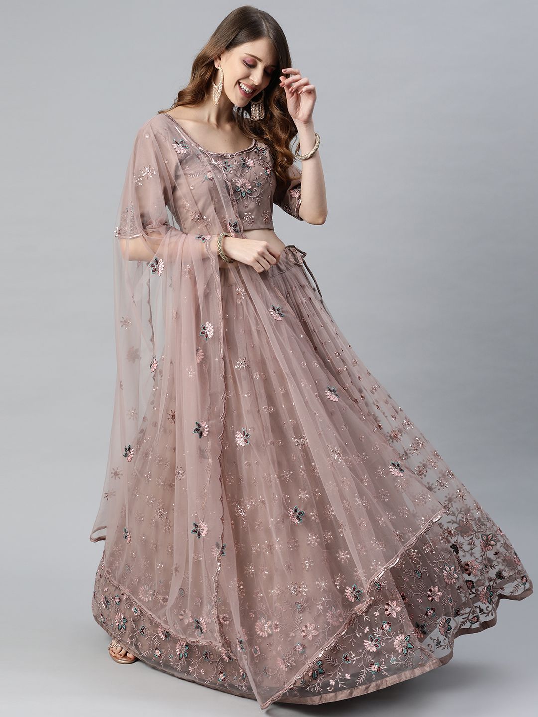 SHUBHKALA Taupe Embroidered Sequinned Semi-Stitched Lehenga & Unstitched Blouse With Dupatta Price in India
