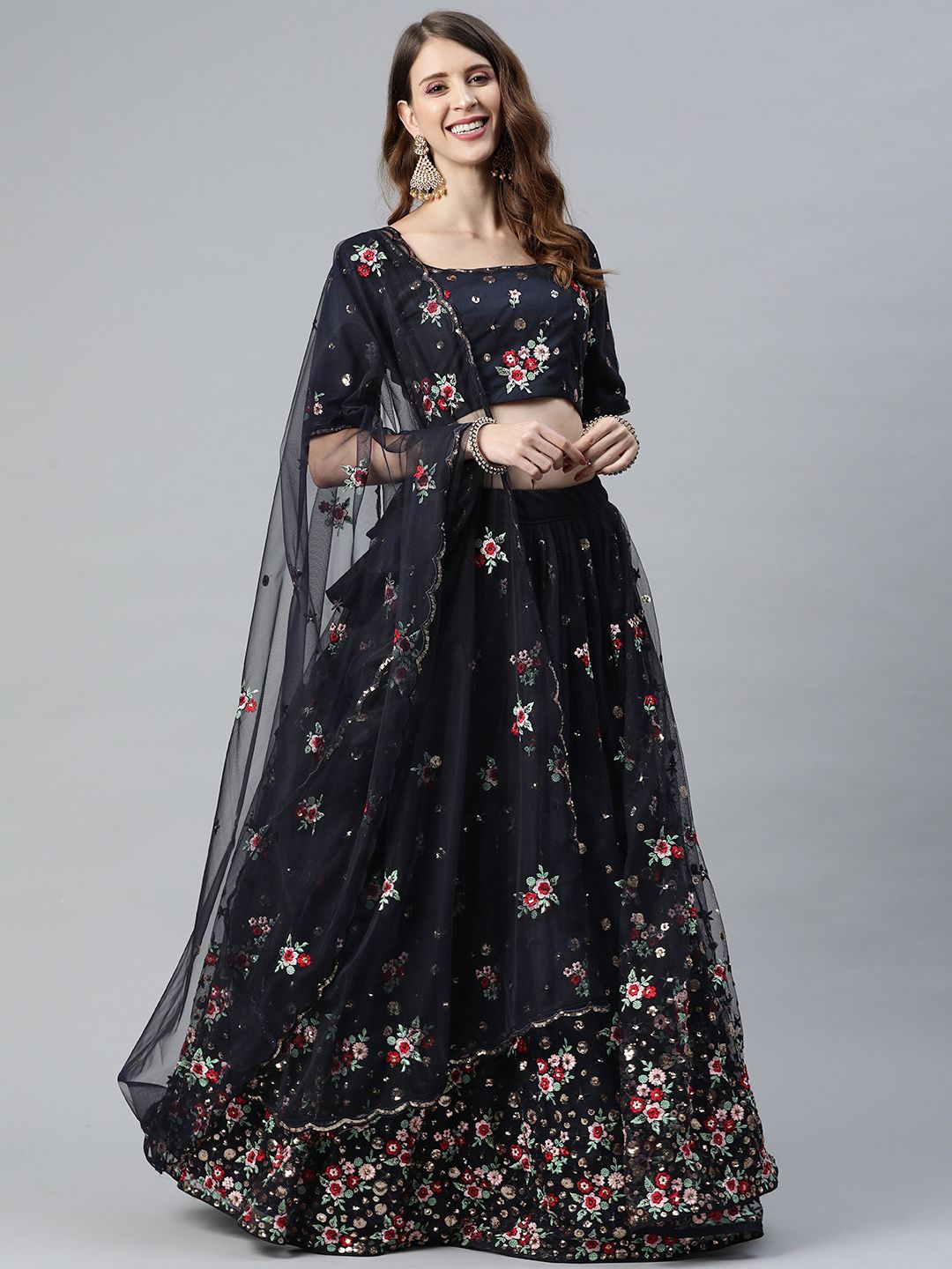 SHUBHKALA Navy Blue & Red Embroidered Sequinned Semi-Stitched Lehenga & Unstitched Blouse With Dupatta Price in India