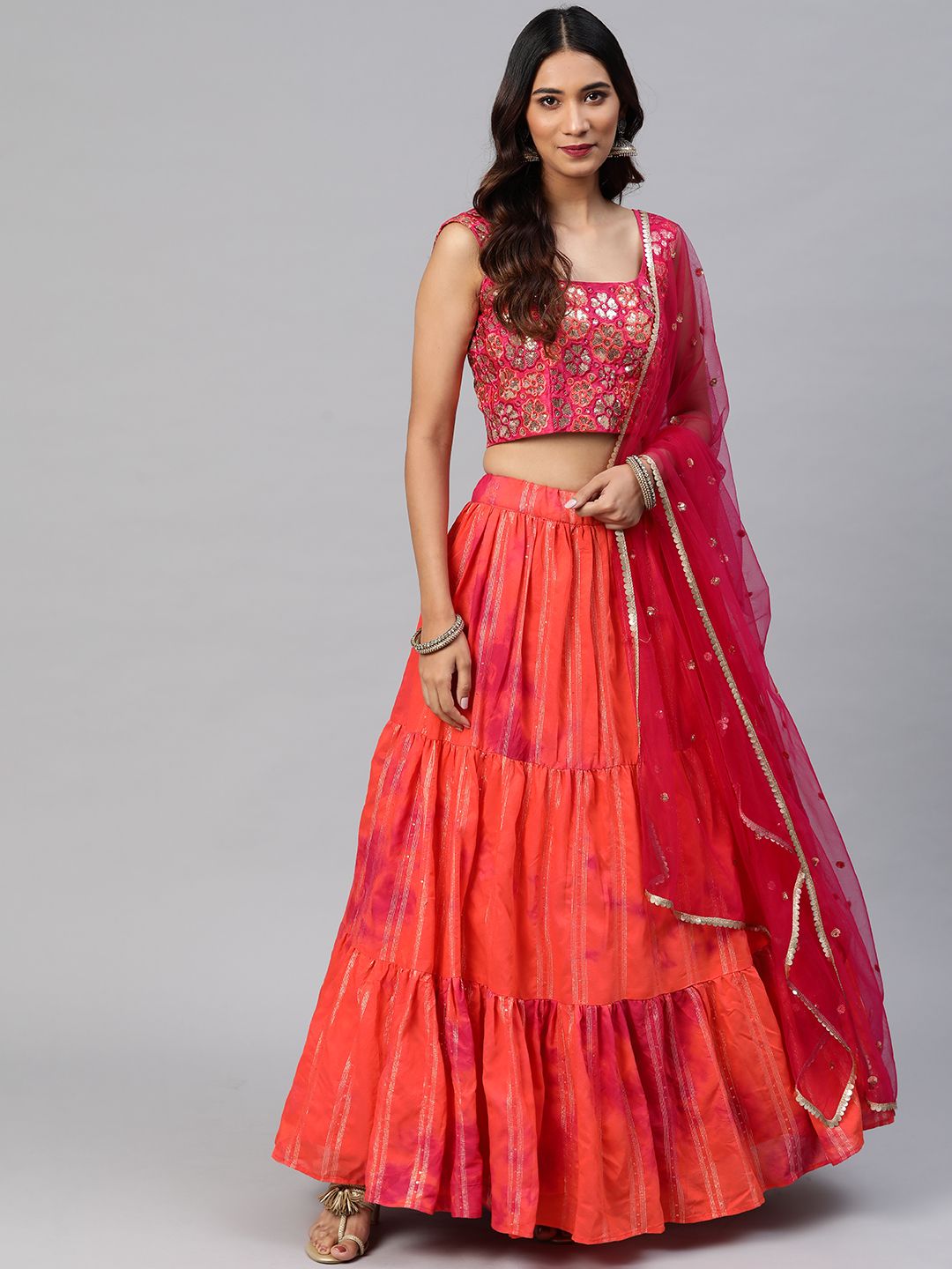SHUBHKALA Pink & Orange Embroidered Sequinned Semi-Stitched Lehenga & Unstitched Blouse With Dupatta Price in India
