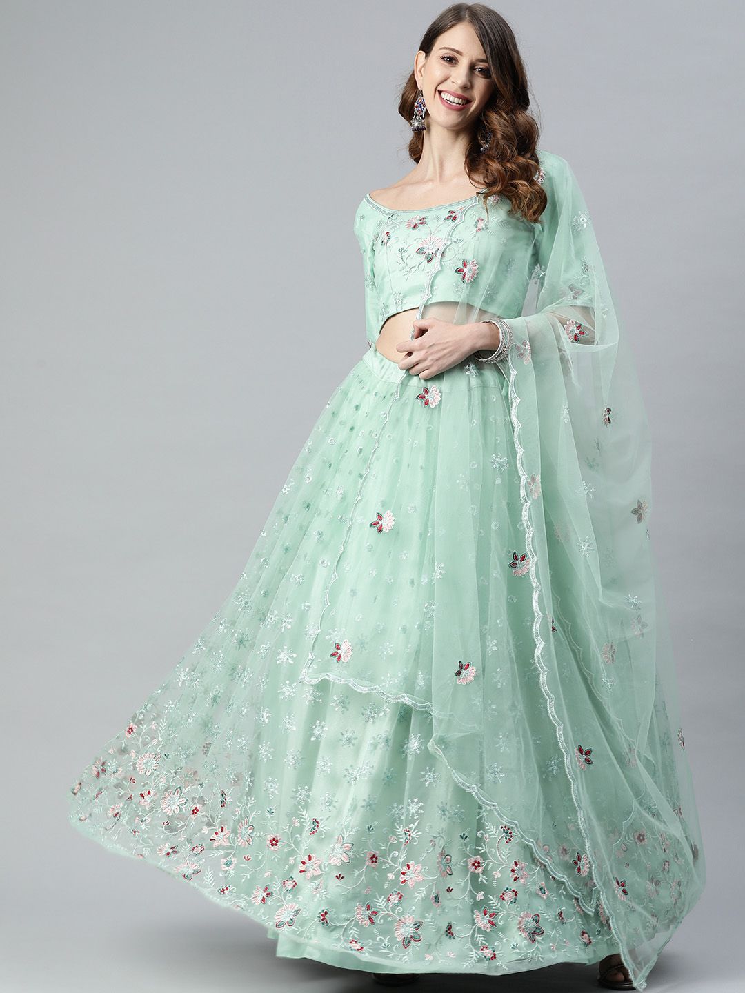 SHUBHKALA Sea Green & Red Embroidered Sequinned Semi-Stitched Lehenga & Unstitched Blouse With Dupatta Price in India