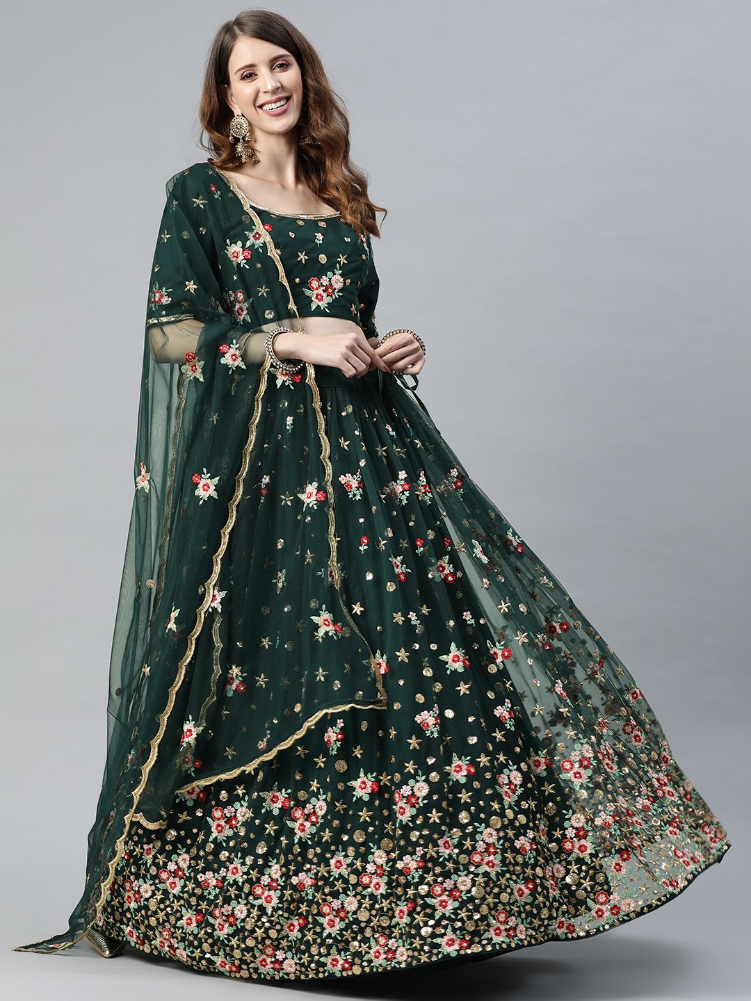 SHUBHKALA Green & White Embroidered Sequinned Semi-Stitched Lehenga & Unstitched Blouse With Dupatta Price in India