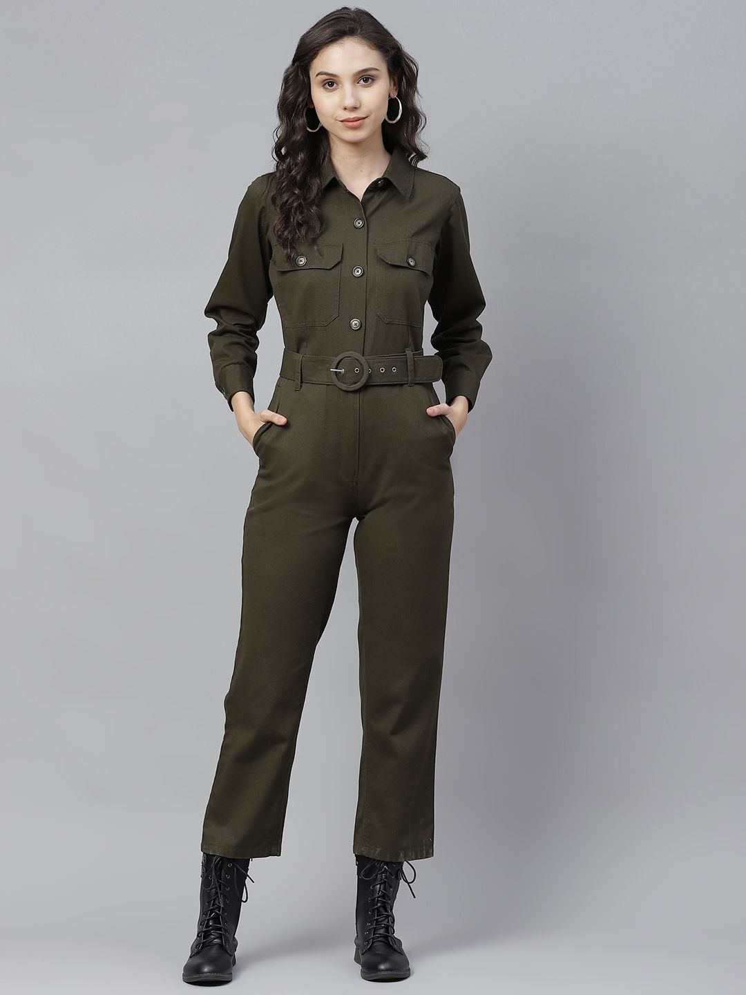 plusS Women Olive Green Solid Pure Cotton Basic Jumpsuit Price in India
