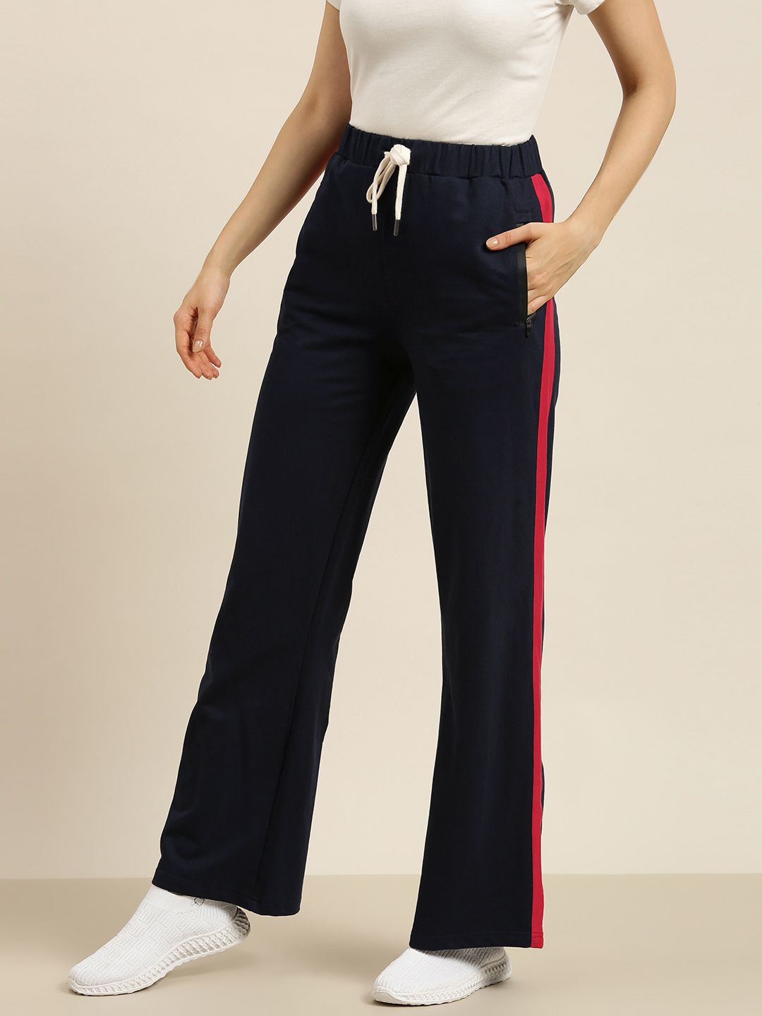 DILLINGER Women Navy Blue Pure Cotton Wide Leg Track Pants Price in India
