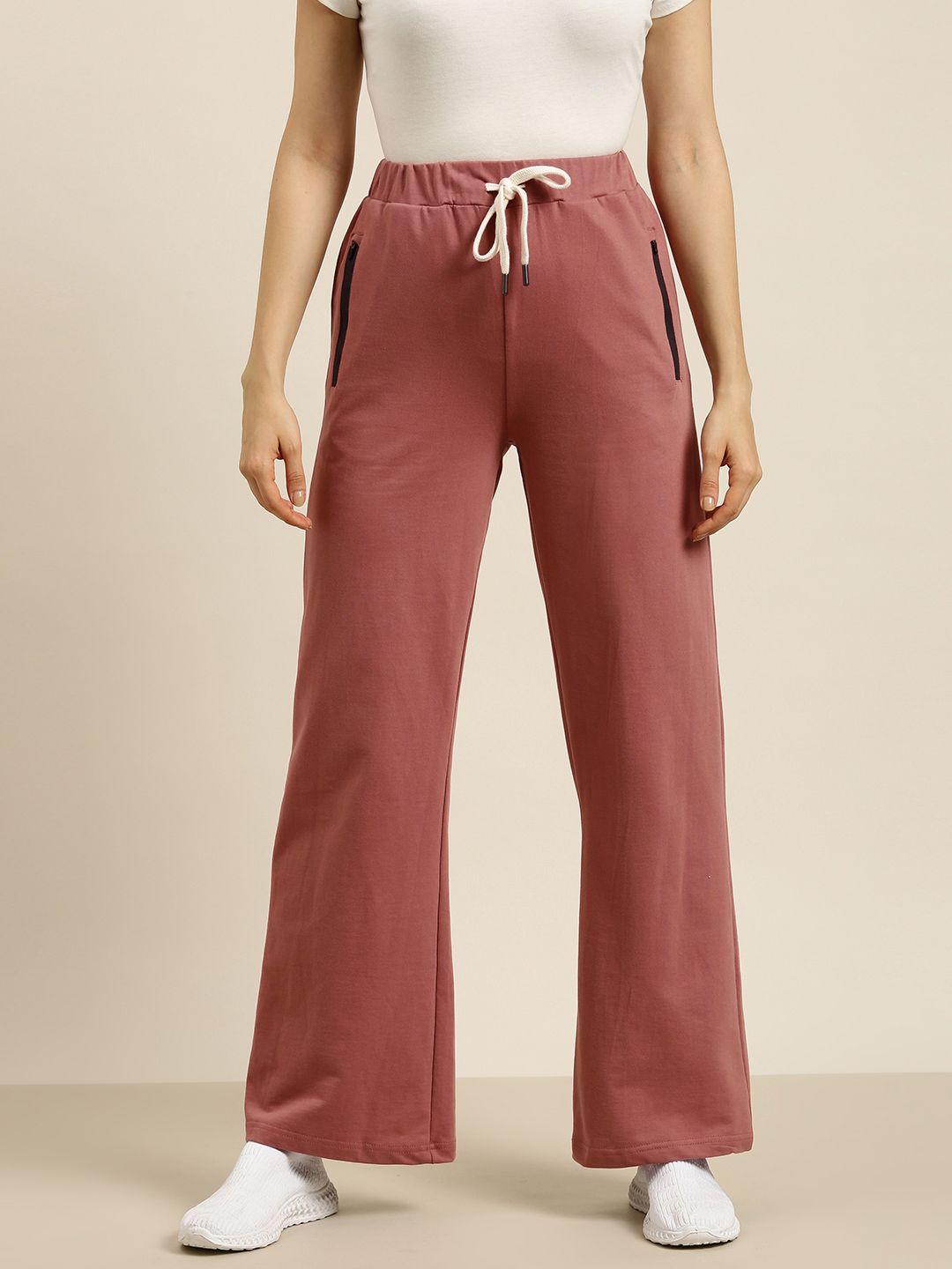 DILLINGER Women Dark Pink Cotton Wide Leg Track Pants Price in India