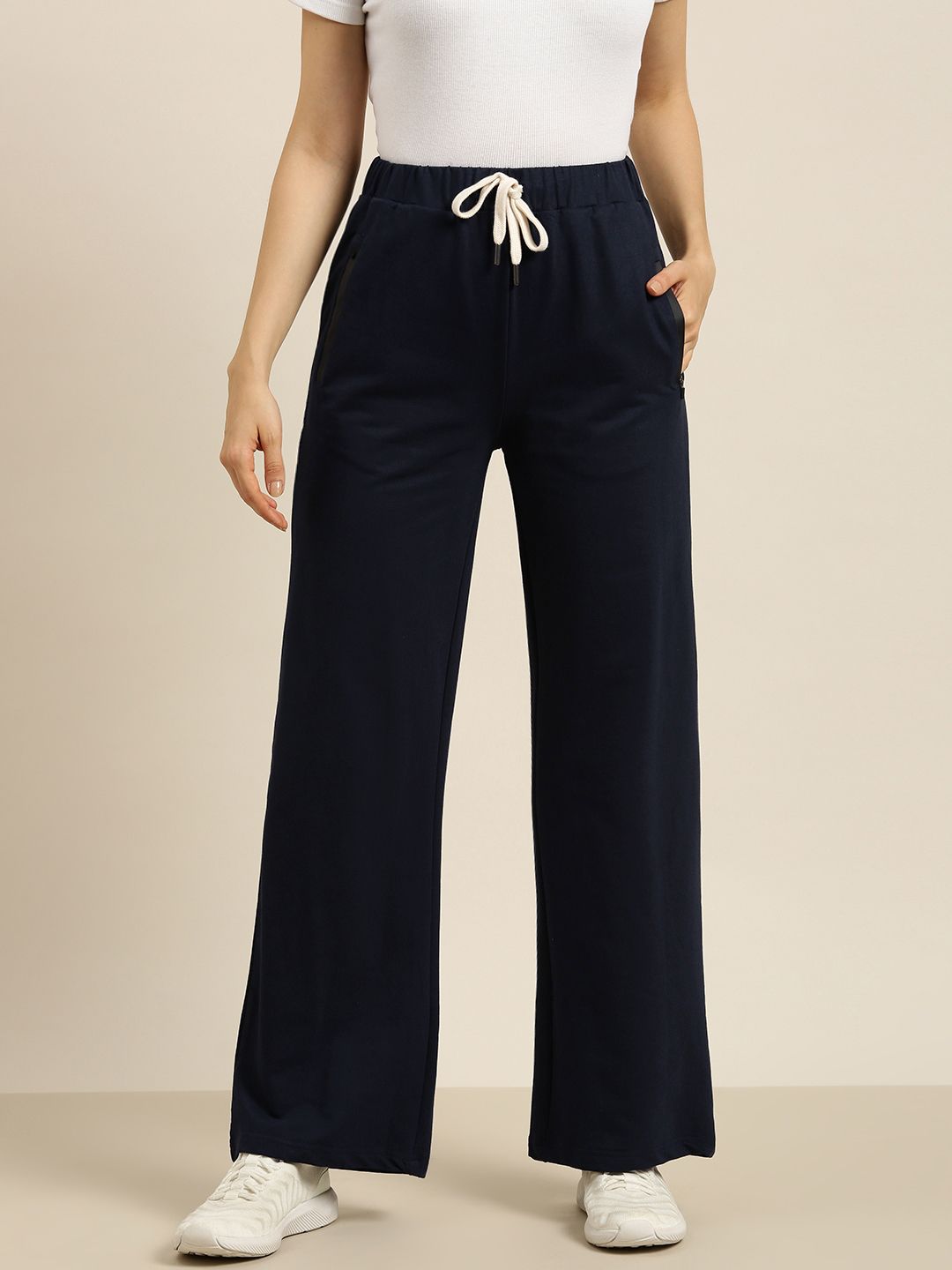 DILLINGER Women Navy Blue Pure Cotton Wide Leg Track Pants Price in India