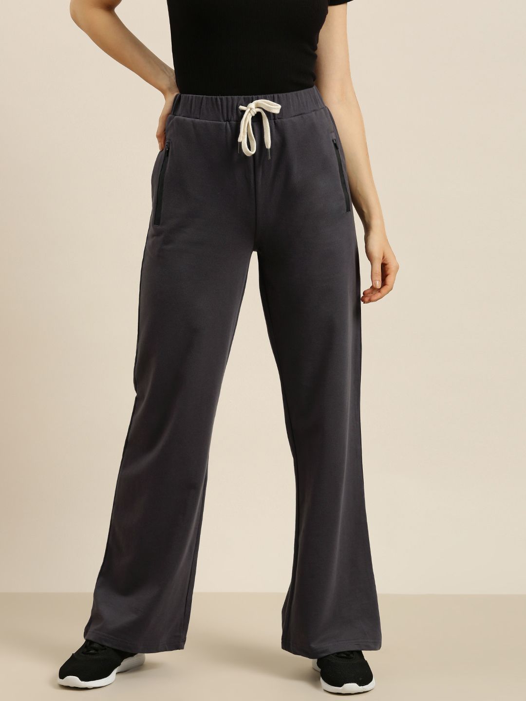 DILLINGER Women Dark Grey Pure Cotton Wide Leg Track Pants Price in India