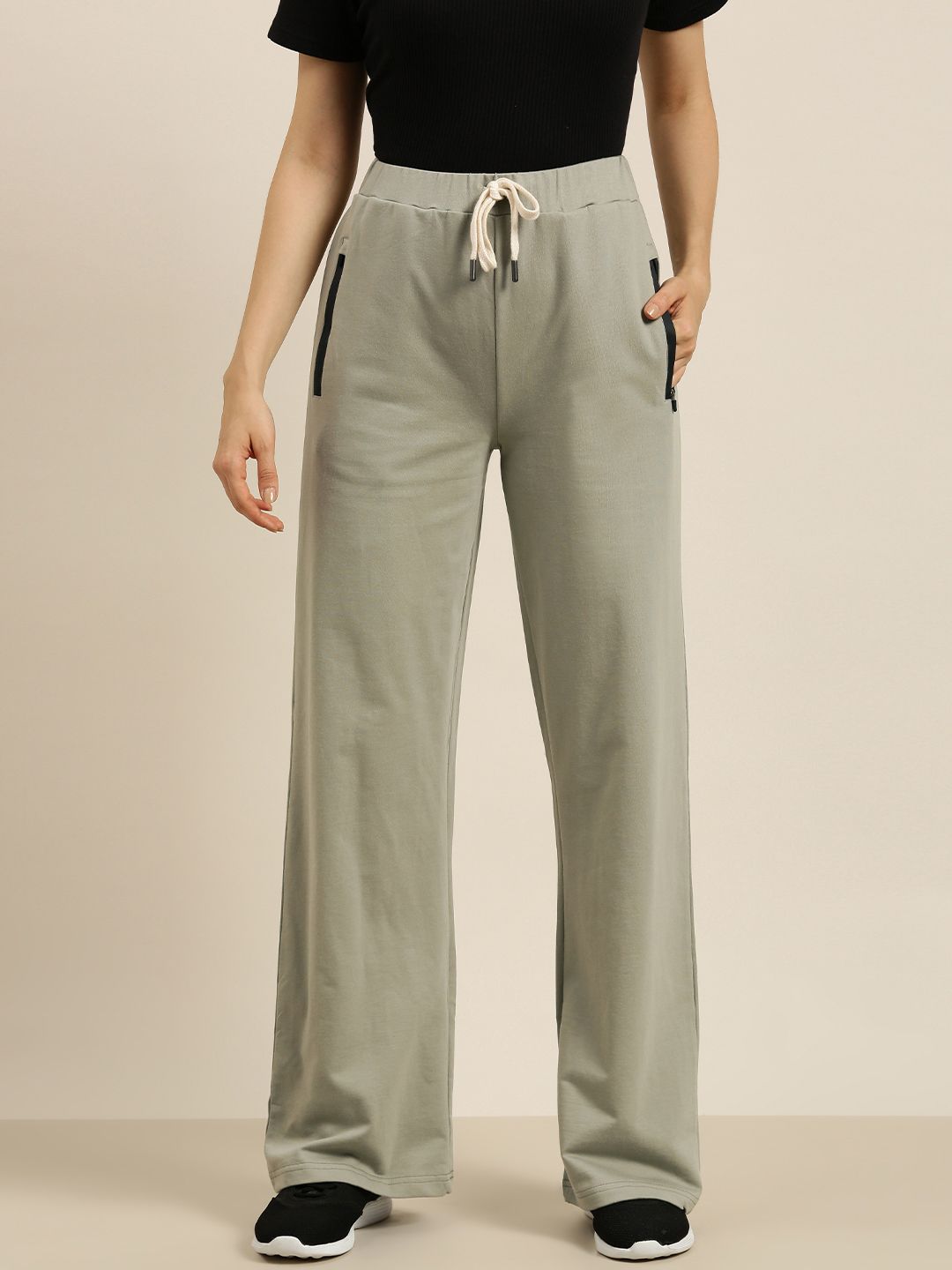 DILLINGER Women Grey Pure Cotton Wide Leg Track Pants Price in India