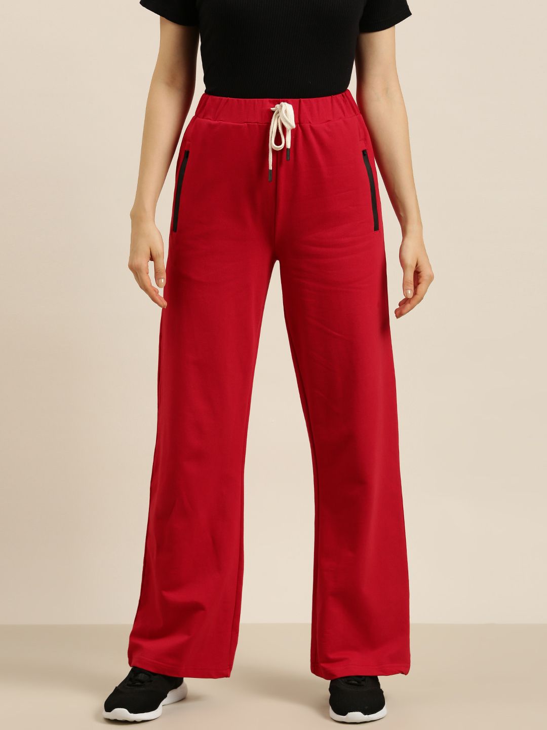 DILLINGER Women Dark Red Cotton Wide Leg Track Pants Price in India