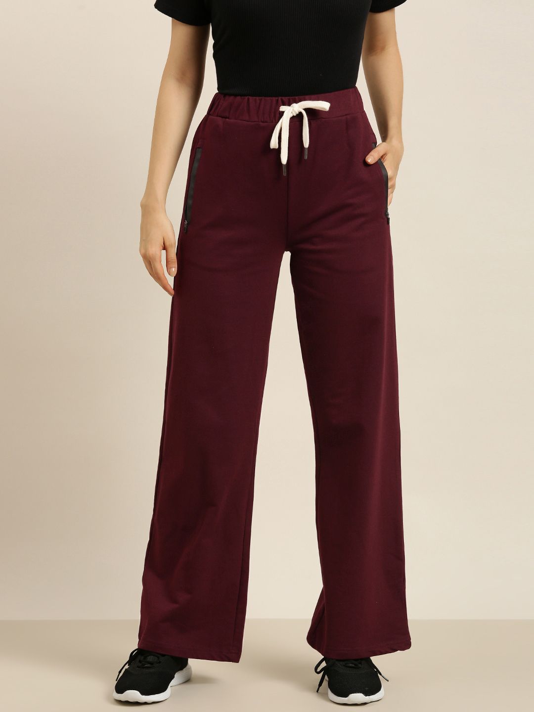 DILLINGER Women Maroon Pure Cotton Wide Leg Track Pants Price in India