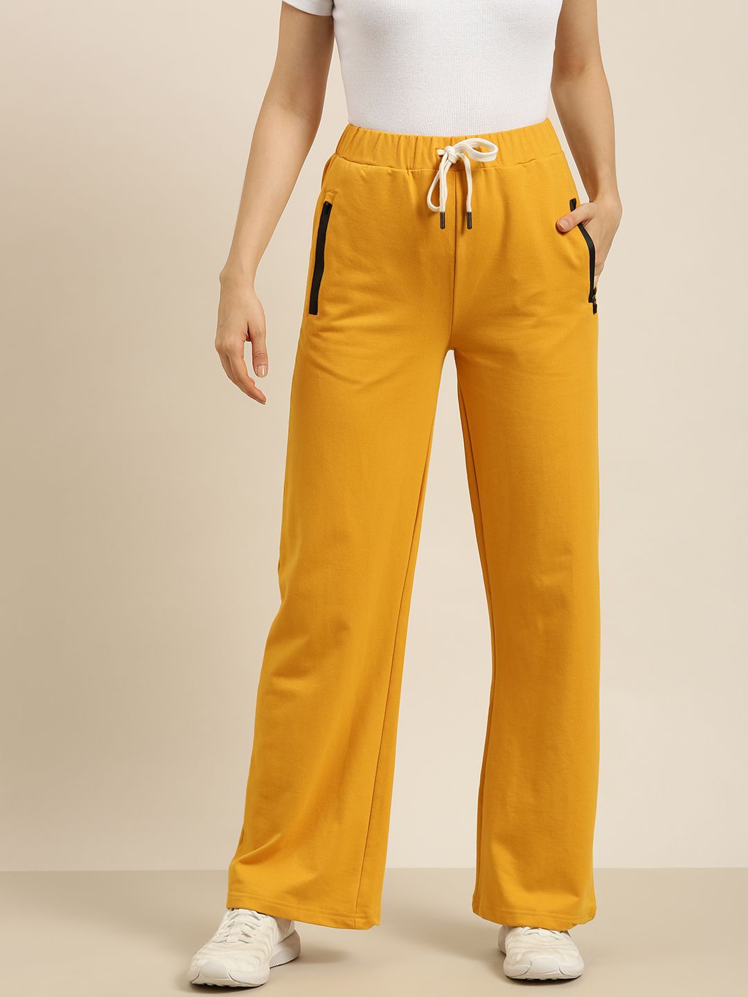 DILLINGER Women Mustard Pure Cotton Wide Leg Track Pants Price in India