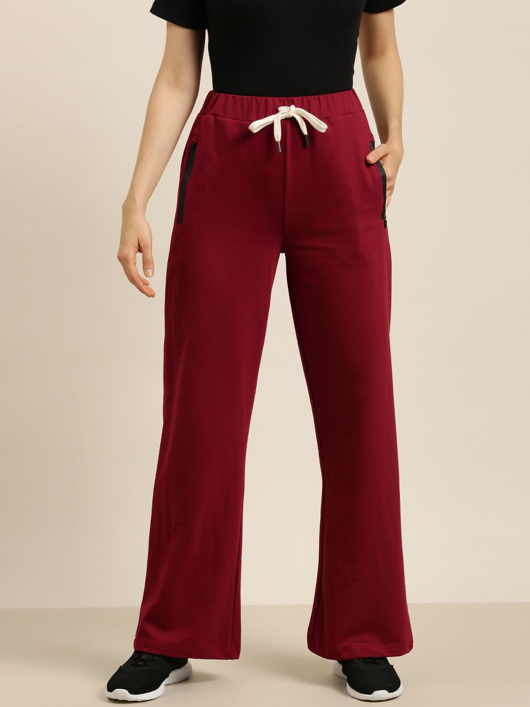 DILLINGER Women Maroon Pure Cotton Wide Leg Track Pants Price in India