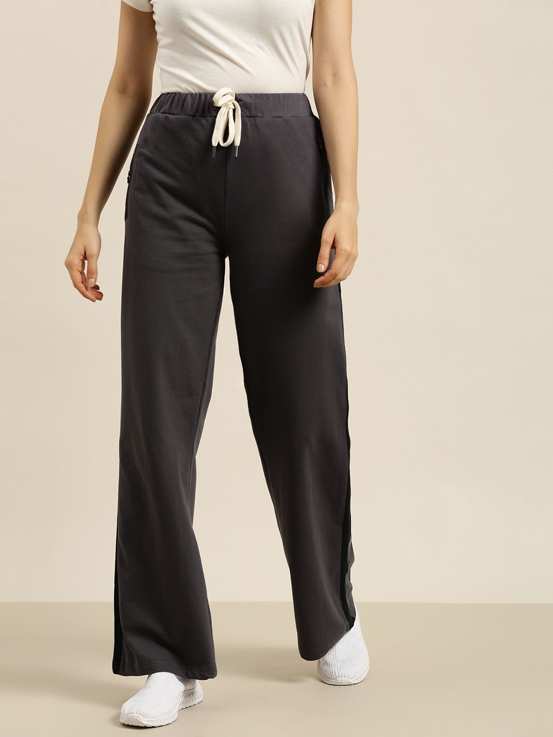 DILLINGER Women Dark Grey Pure Cotton Wide Leg Track Pants Price in India