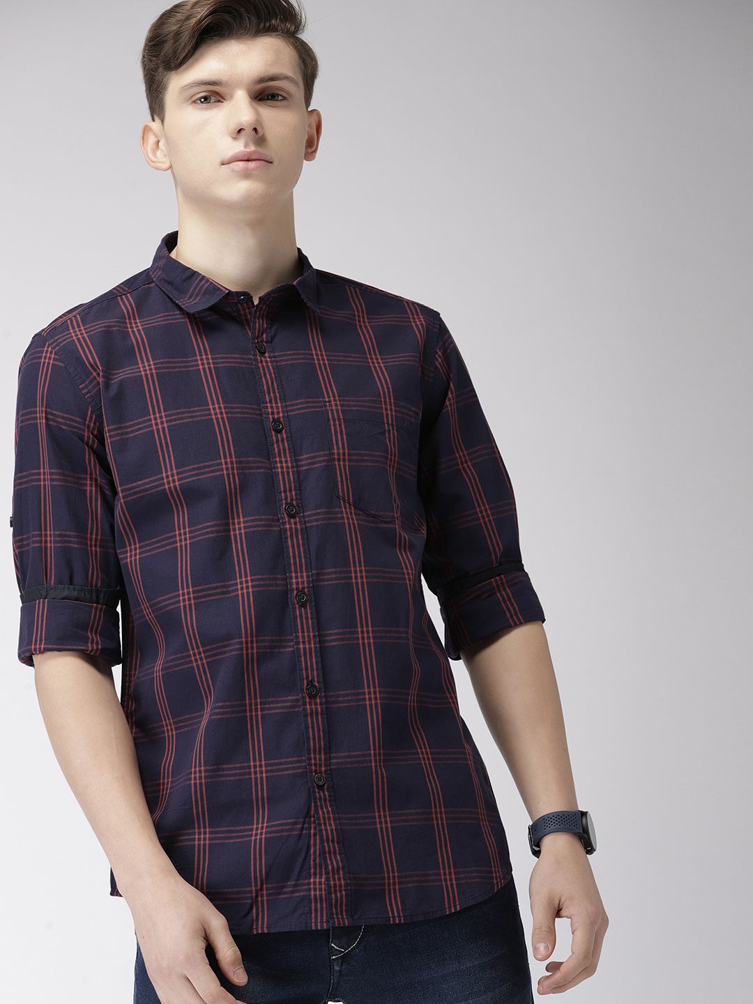 HIGHLANDER Men Navy Blue & Rust Orange Slim Fit Checked Casual Shirt