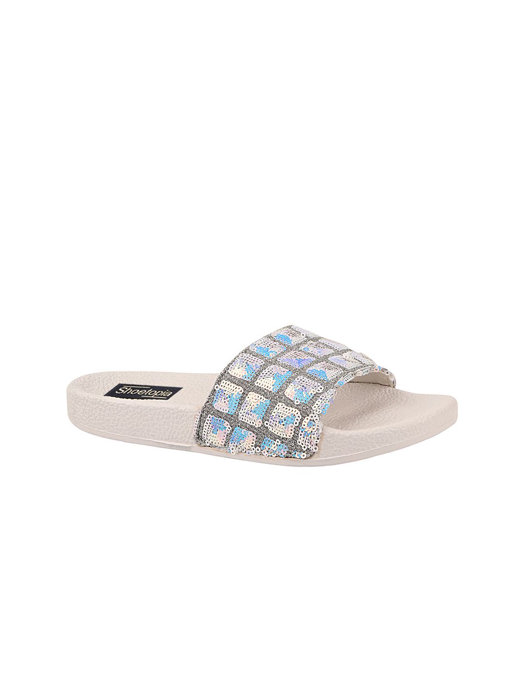 Shoetopia Women White & Blue Embellished Sliders Price in India