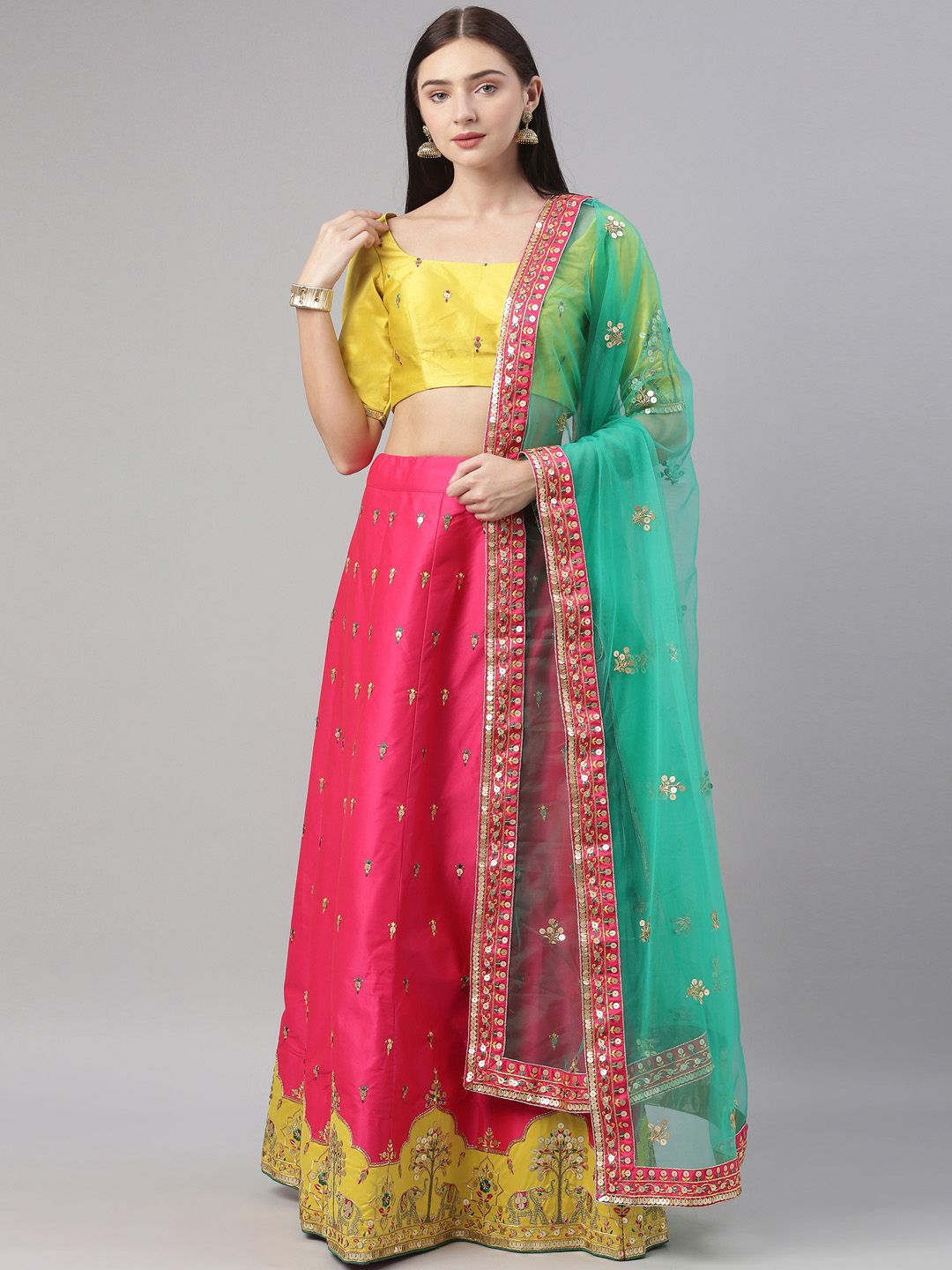 panchhi Pink & Yellow Embroidered Sequinned Semi-Stitched Lehenga & Unstitched Blouse With Dupatta Price in India